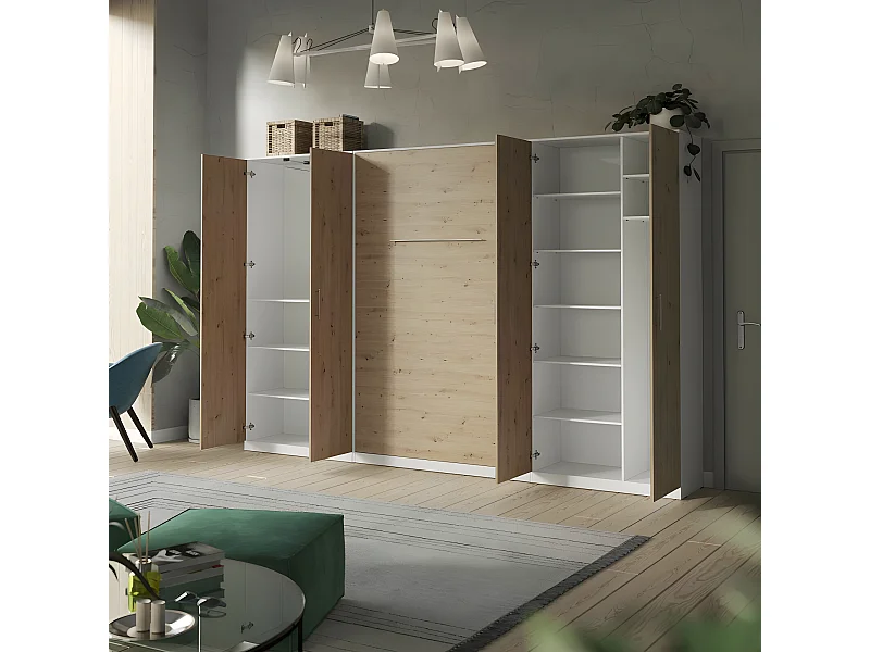 Lit escamotable +2 Placards Vertical 120x200+(80x2)cm Lit Rabattable Lit Mural Standard Blanc/Chêne Sauvage