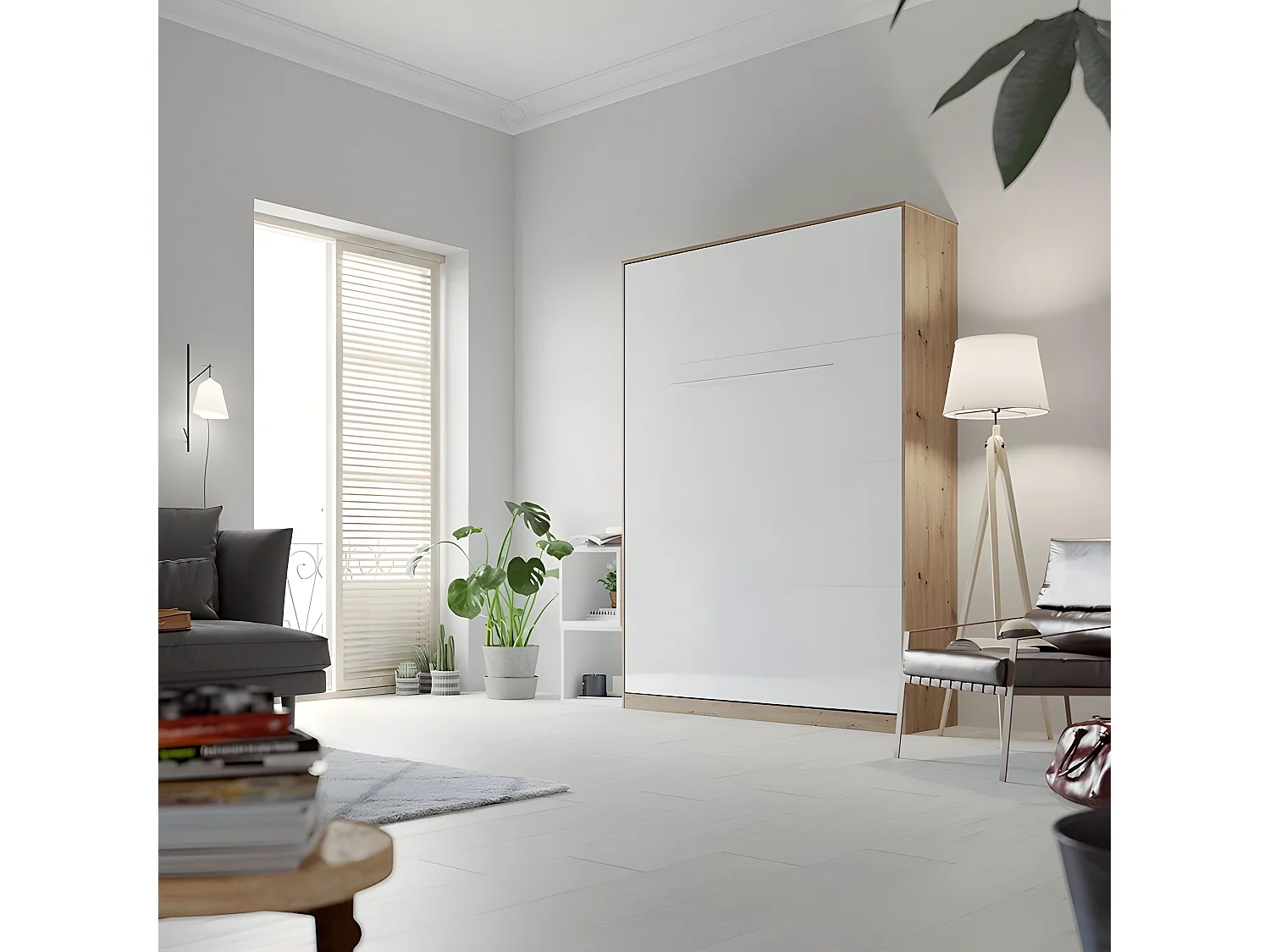 Armoire Lit escamotable 140x200cm Lit Rabattable Lit Mural Supérieur Vertical Chêne Sauvage/blanc brillant