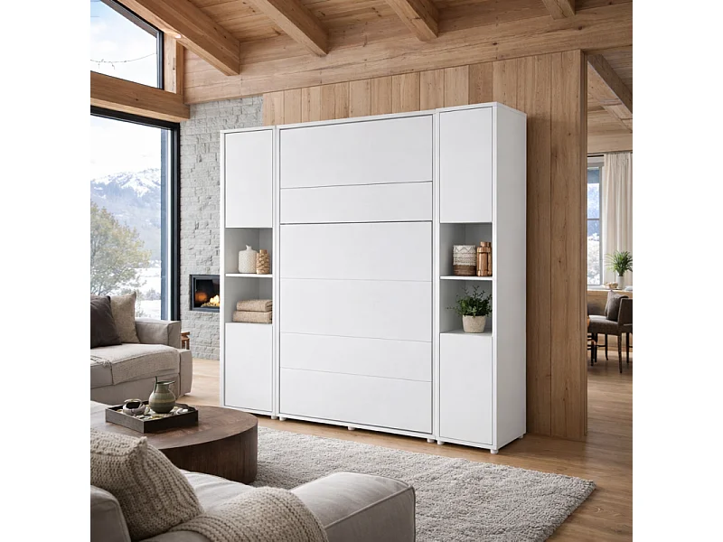 Lenart Armoire Lit escamotable +2 Placards Vertical 140x200 cm blanc mat Lit Rabattable Lit Mural"Consus"