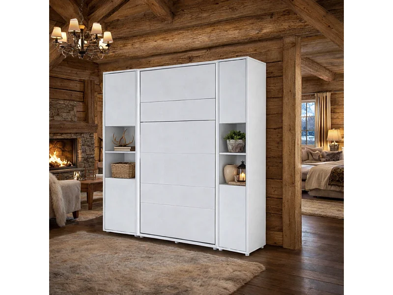 Lenart Armoire Lit escamotable +2 Placards Vertical 140x200 cm blanc mat Lit Rabattable Lit Mural"Consus"