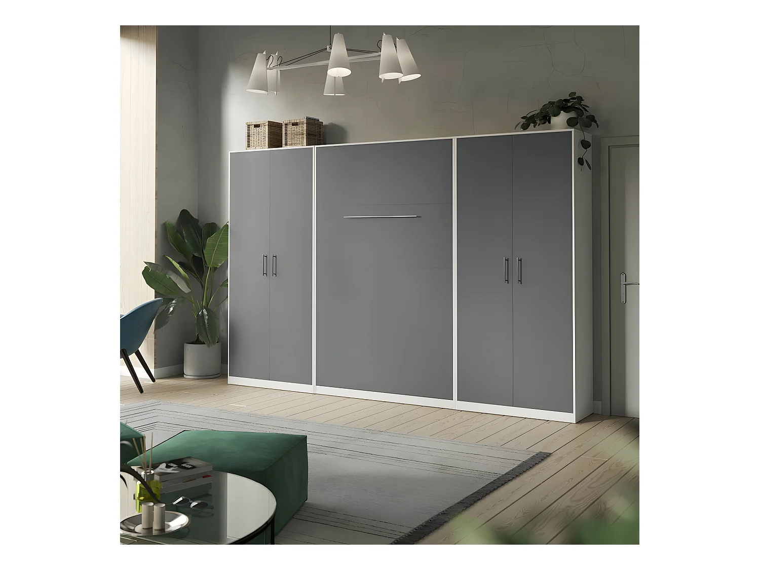 Lit escamotable +2 Placards Vertical 140x200+(80x2)cm Lit Rabattable Lit Mural Standard Blanc/Anthracite