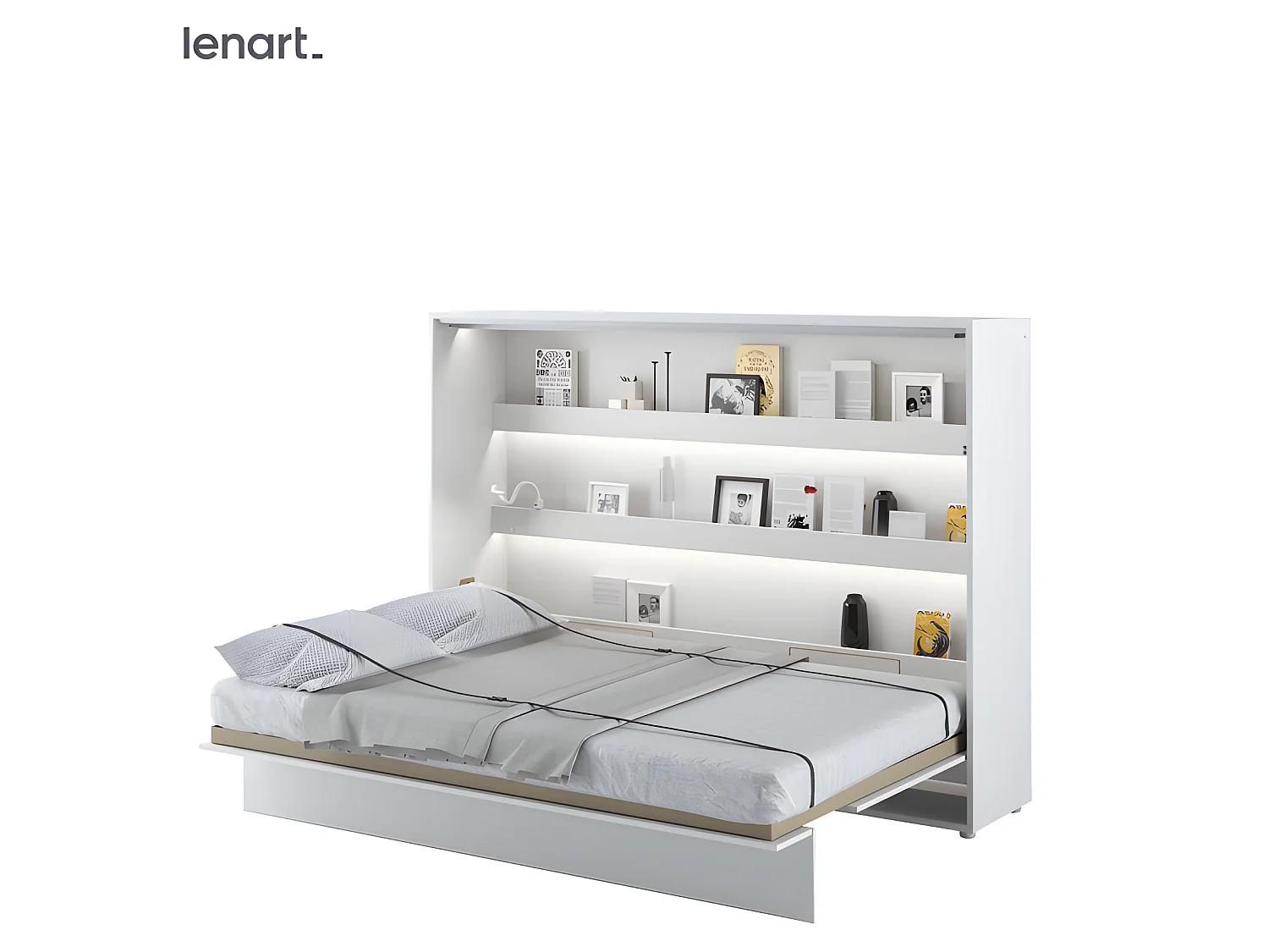 Lenart Armoire Lit escamotable Horizontal 90x200 cm Blanc brillant Lit Rabattable Lit Mural"Consus"