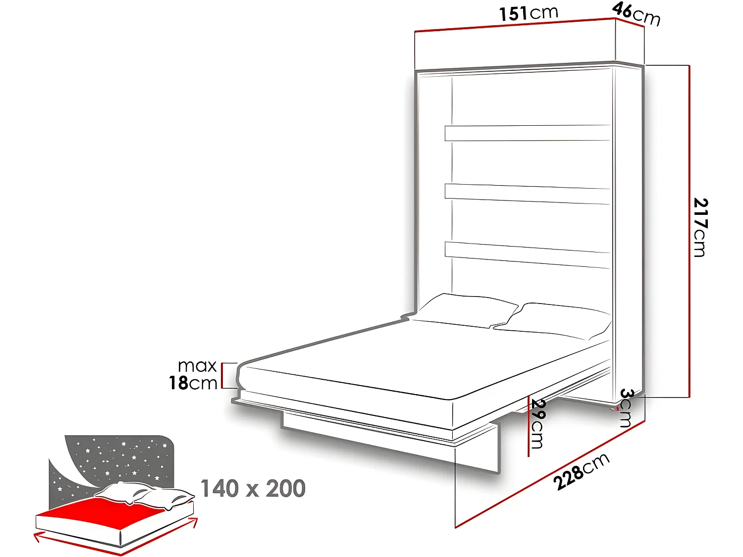 Lenart Armoire Lit escamotable Vertical 140x200 cm Blanc mat Lit Rabattable Lit Mural"Consus"