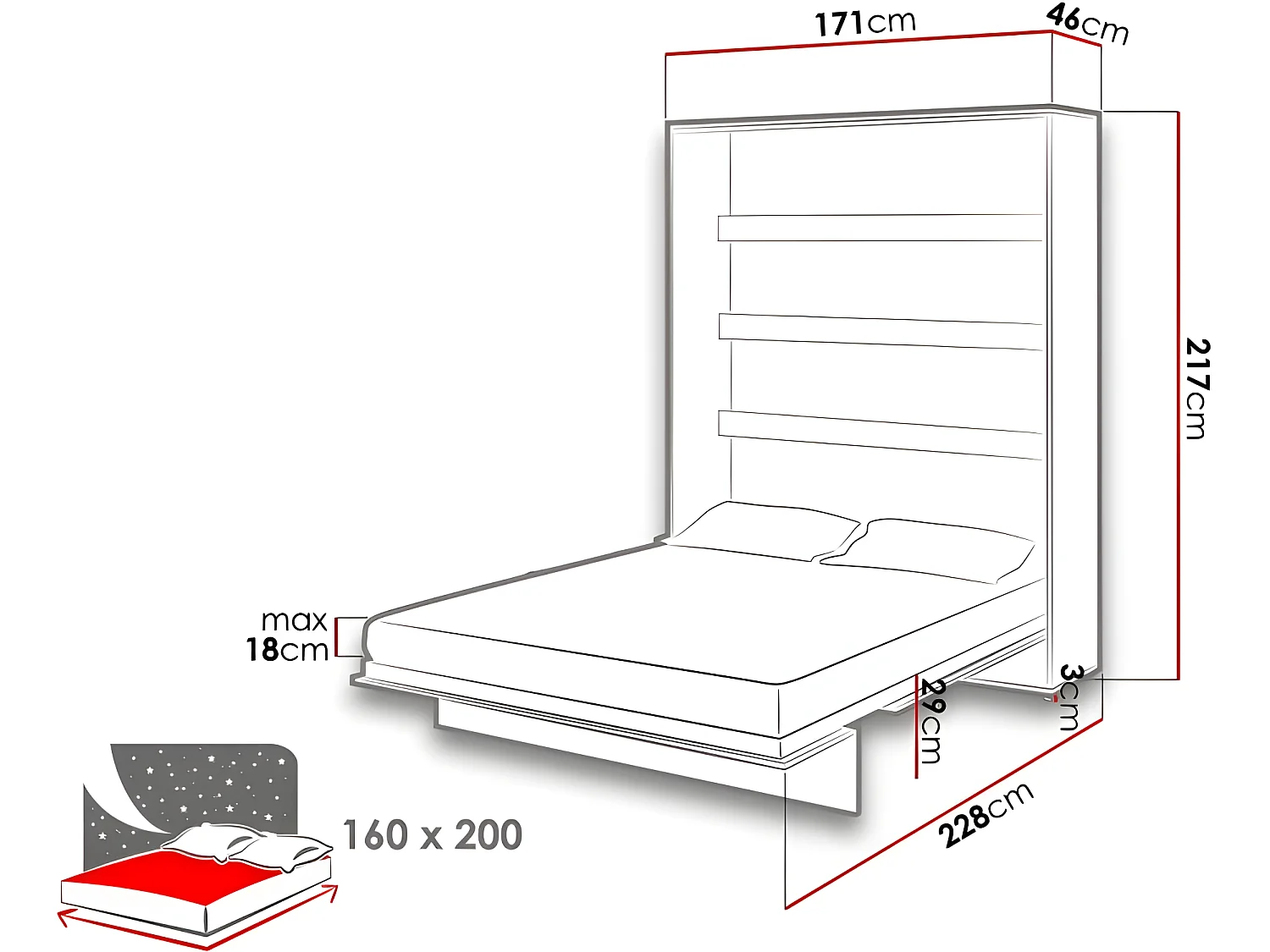 Lenart Armoire Lit escamotable Vertical 160x200 cm Blanc mat Lit Rabattable Lit Mural"Consus"