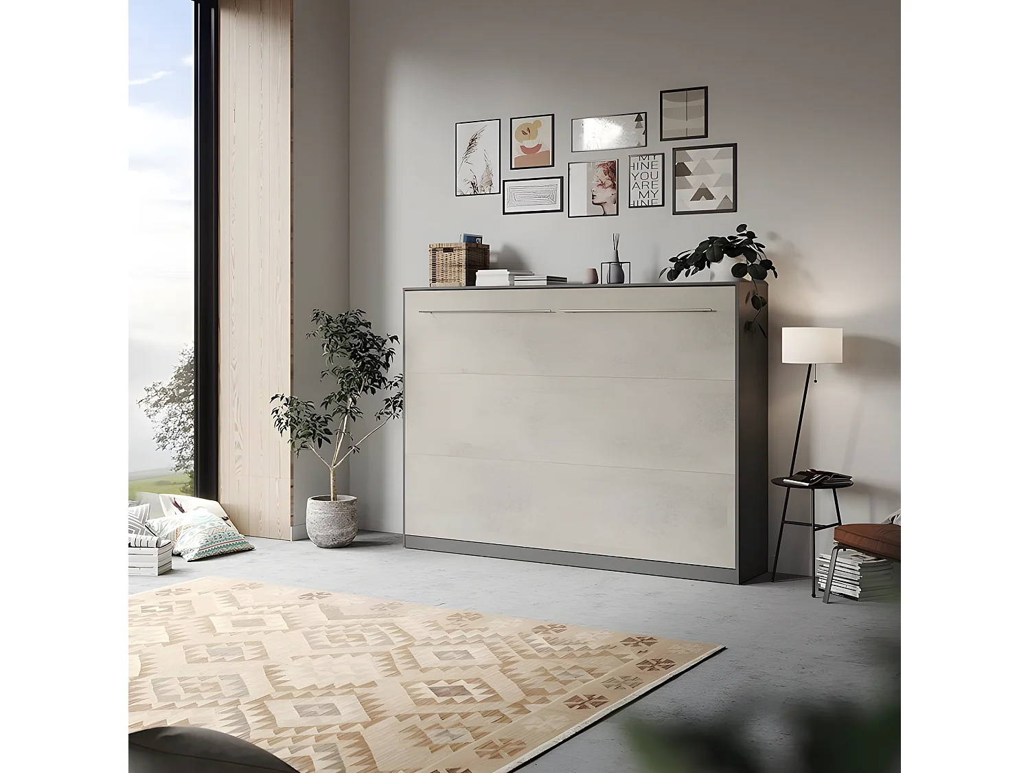Armoire Lit escamotable 140x200cm Supérieur Horizontal Lit Rabattable Lit Mural Anthracite/Béton