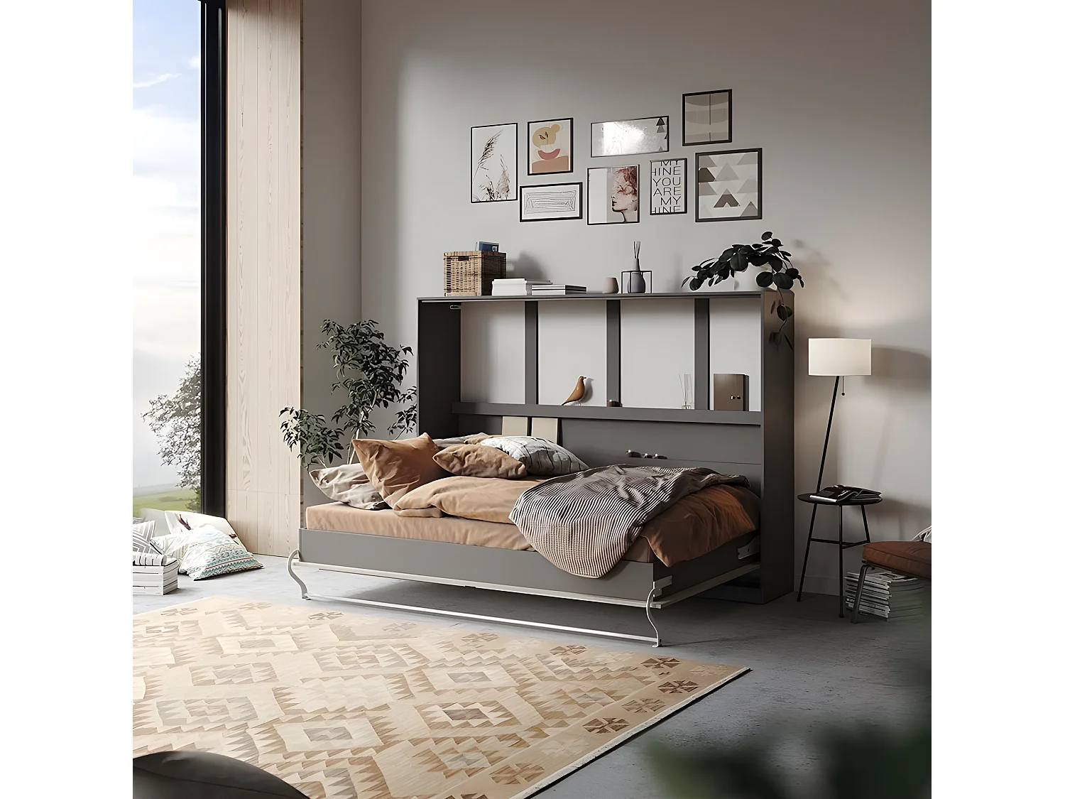 Armoire Lit escamotable 140x200cm Supérieur Horizontal Lit Rabattable Lit Mural Anthracite/Béton