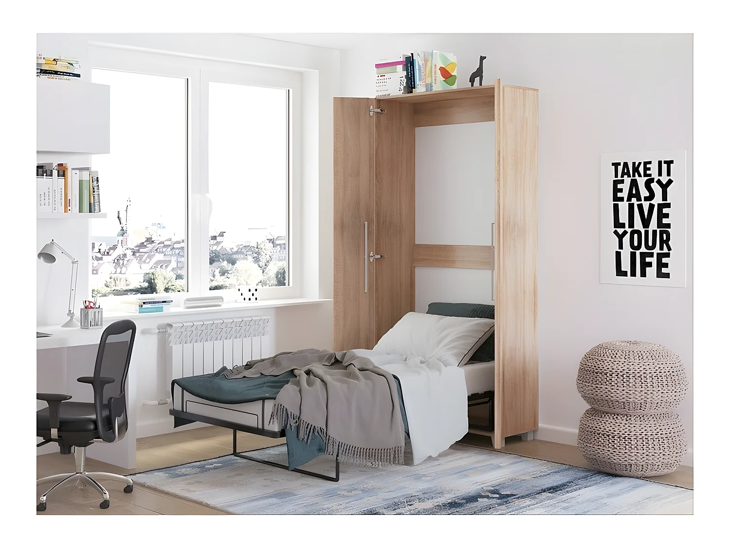 Armoire Lit escamotable Vertical 90x200 cm Sonoma artisan avec porte Lit Rabattable Lit Mural Todor