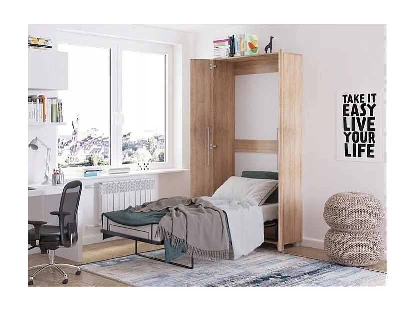 Armoire Lit escamotable Vertical 90x200 cm Sonoma artisan avec porte Lit Rabattable Lit Mural Todor