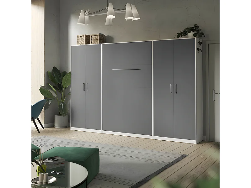 Lit escamotable +2 Placards Vertical 90x200+(80x2)cm Lit Rabattable Lit Mural Standard Blanc/Anthracite