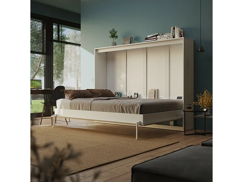 Armoire Lit escamotable 140x200cm Blanc/Chêne Sauvage Horizontal Lit Rabattable Lit Mural C*Adore