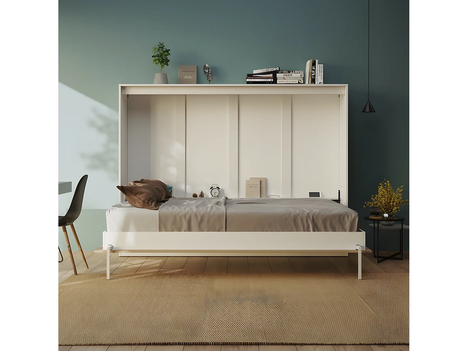 Armoire Lit escamotable 140x200cm Blanc/Chêne Sauvage Horizontal Lit Rabattable Lit Mural C*Adore