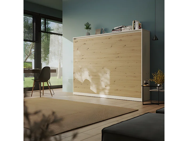 Armoire Lit escamotable 140x200cm Blanc/Chêne Sauvage Horizontal Lit Rabattable Lit Mural C*Adore