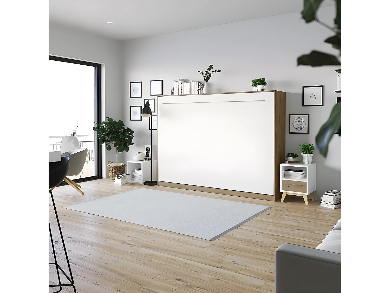 Armoire Lit escamotable 140x200cm Supérieur Horizontal Lit Rabattable Lit Mural Chêne Sauvage/blanc