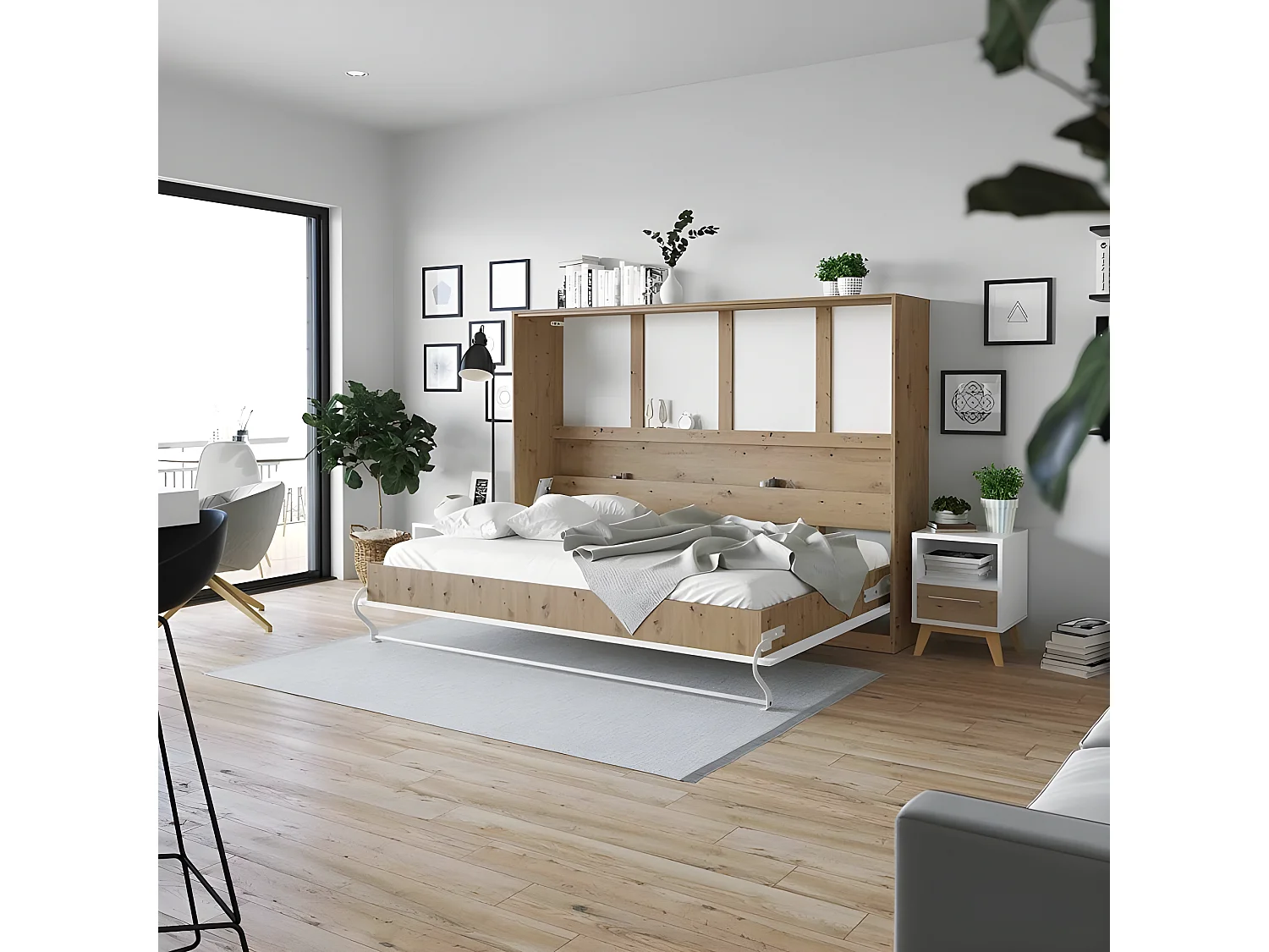 Armoire Lit escamotable 140x200cm Supérieur Horizontal Lit Rabattable Lit Mural Chêne Sauvage/blanc