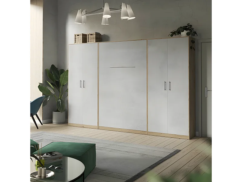 Lit escamotable +2 Placards Vertical 90x200+(80x2)cm Lit Rabattable Lit Mural Standard Chêne Sauvage/Béton