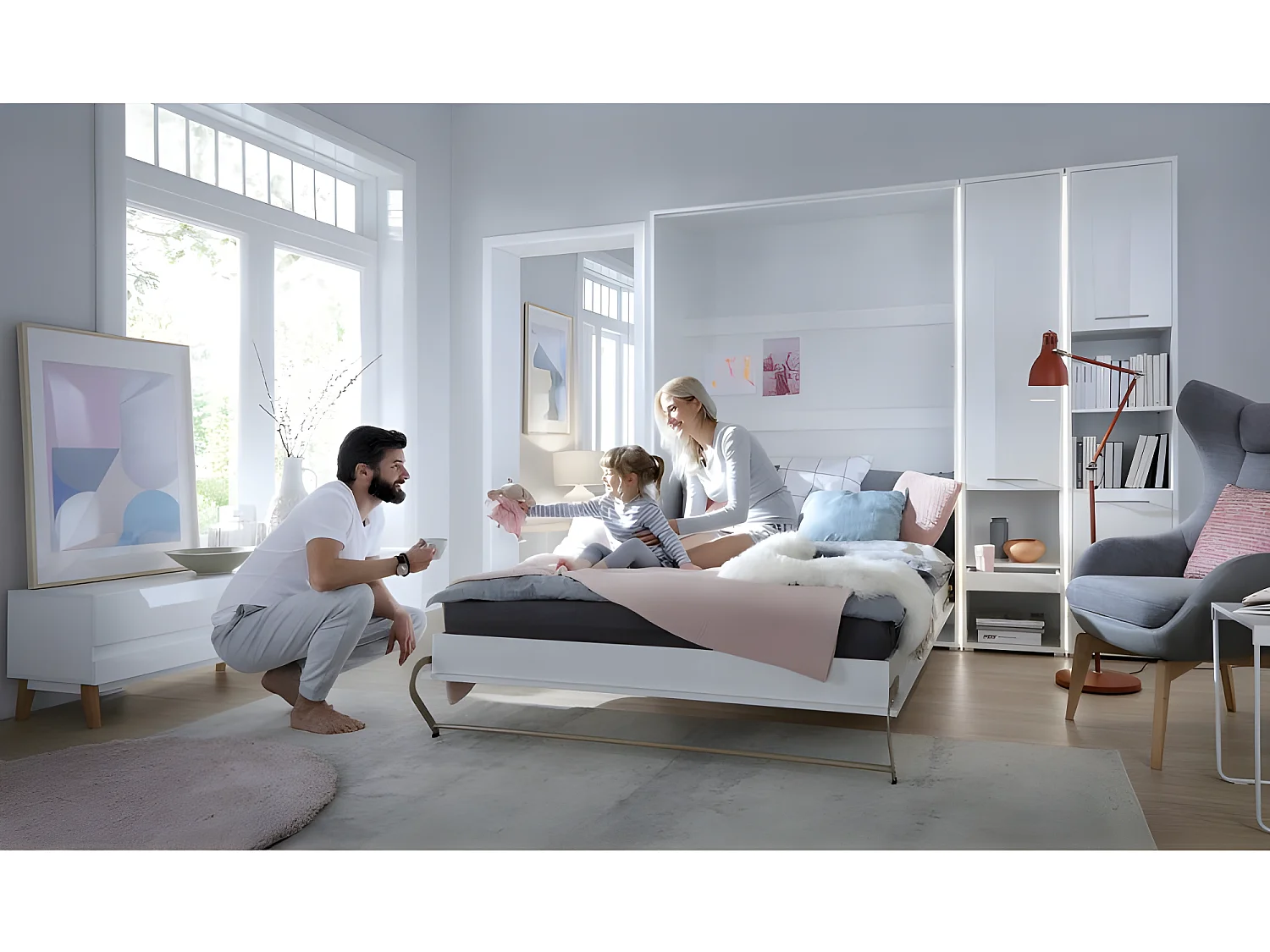 Lenart Armoire Lit escamotable Vertical 140x200 cm Blanc brillant Lit Rabattable Lit Mural Consus pro