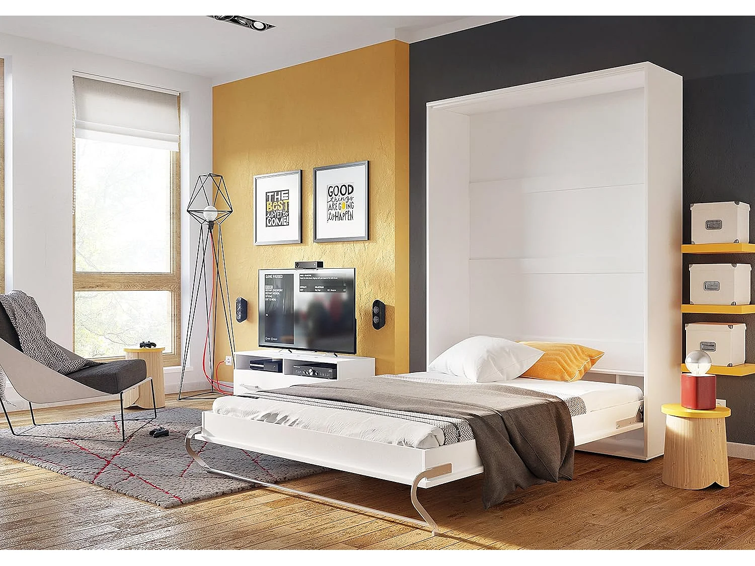 Lenart Armoire Lit escamotable Vertical 140x200 cm Blanc brillant Lit Rabattable Lit Mural Consus pro