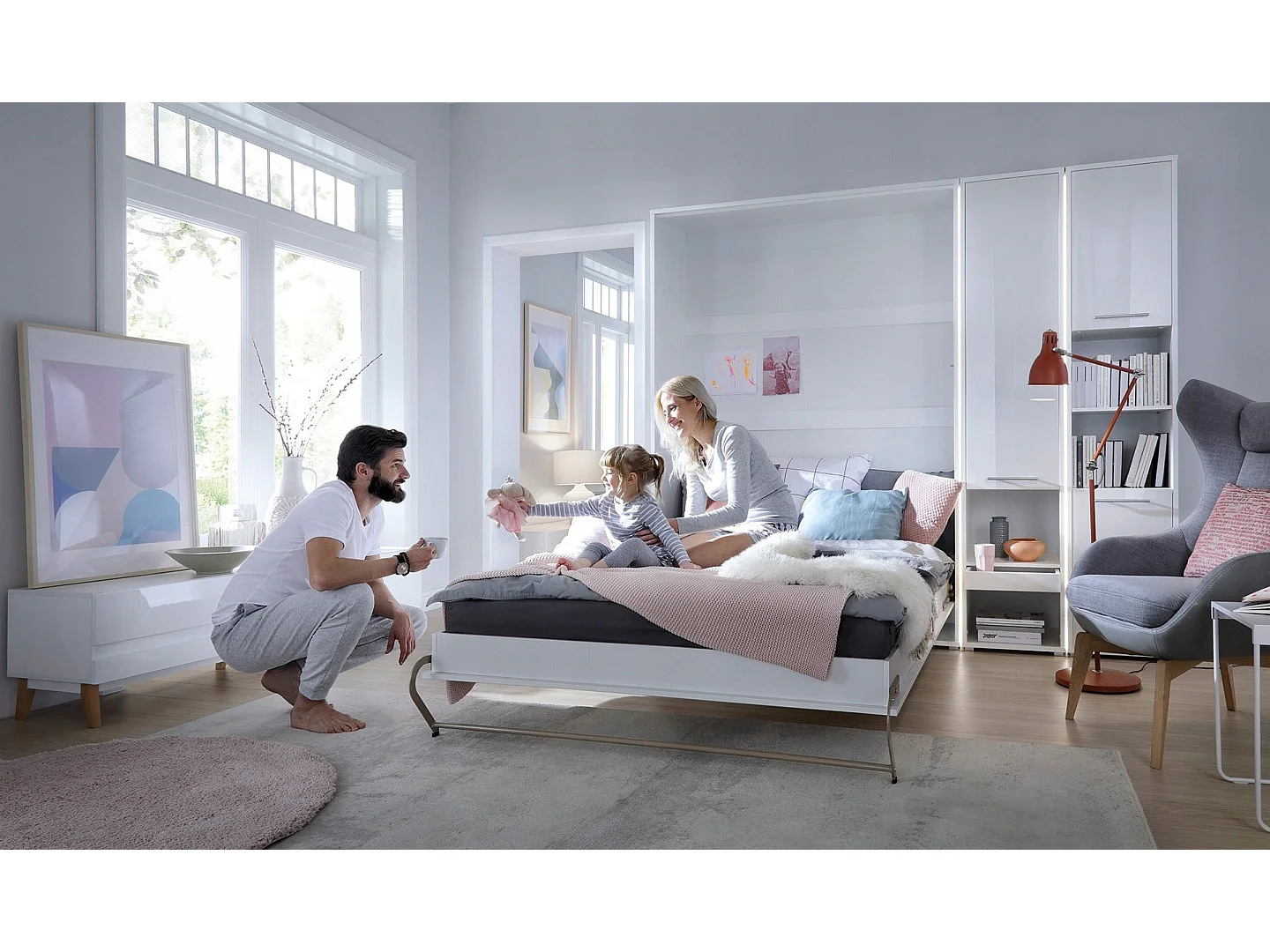 Lenart Armoire Lit escamotable Vertical 140x200 cm Blanc brillant Lit Rabattable Lit Mural Consus pro
