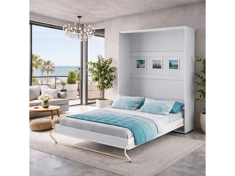 Lenart Armoire Lit escamotable Vertical 140x200 cm Blanc brillant Lit Rabattable Lit Mural Consus pro