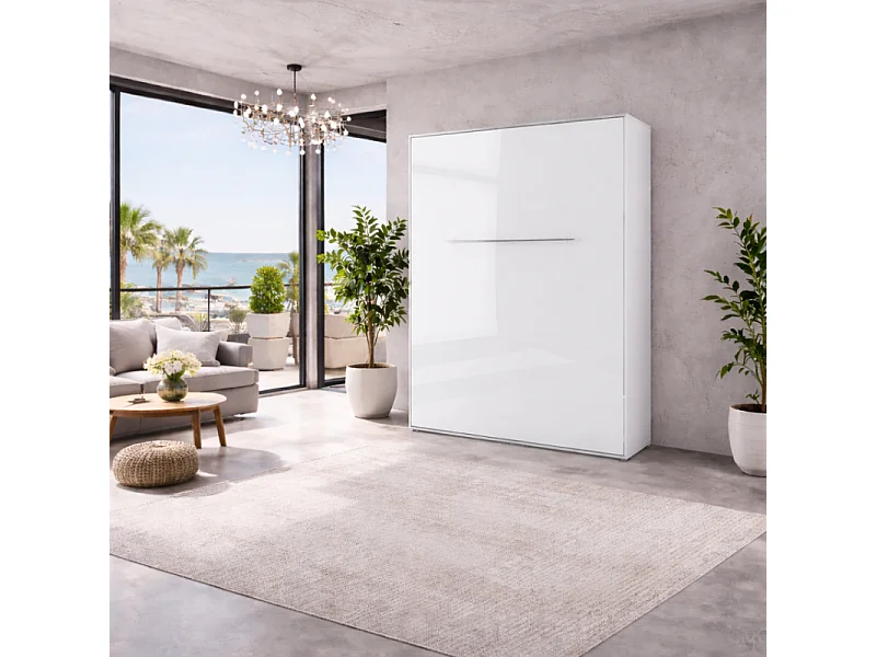 Lenart Armoire Lit escamotable Vertical 140x200 cm Blanc brillant Lit Rabattable Lit Mural Consus pro