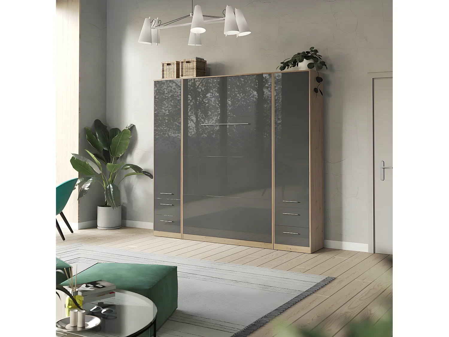 Lit escamotable +2 Placards Vertical 90x200+(50x2)cm Lit Rabattable Lit Mural Standard Chêne Sauvage/Anthracite brillant