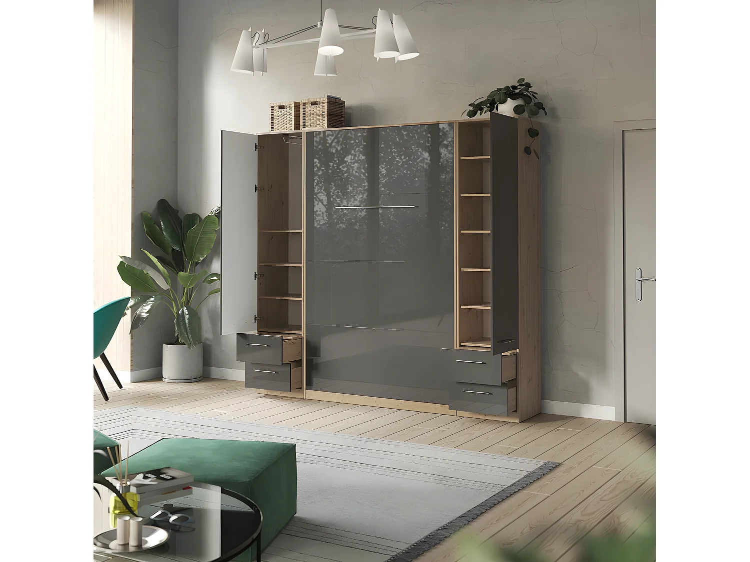 Lit escamotable +2 Placards Vertical 90x200+(50x2)cm Lit Rabattable Lit Mural Standard Chêne Sauvage/Anthracite brillant