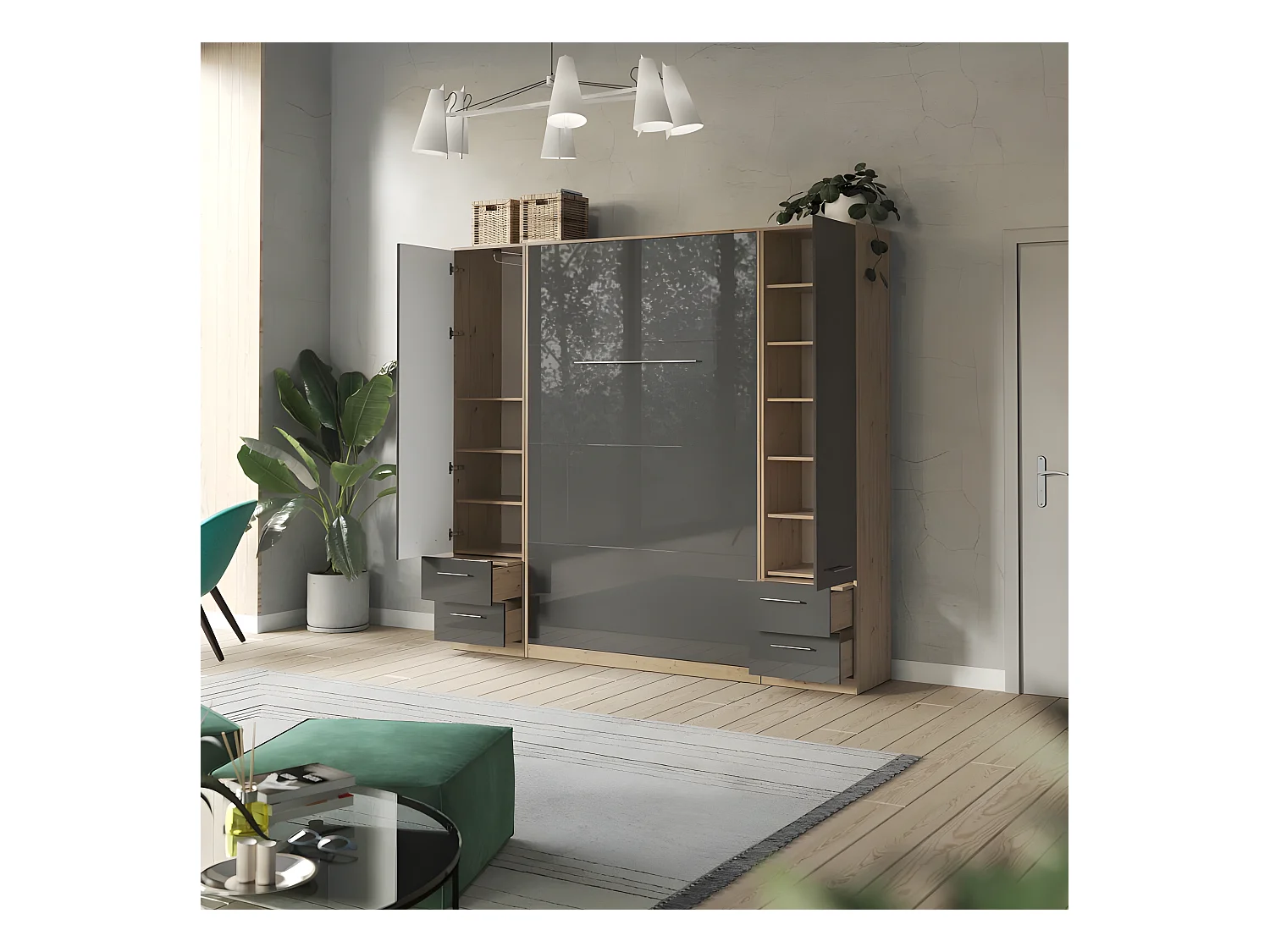 Lit escamotable +2 Placards Vertical 90x200+(50x2)cm Lit Rabattable Lit Mural Standard Chêne Sauvage/Anthracite brillant