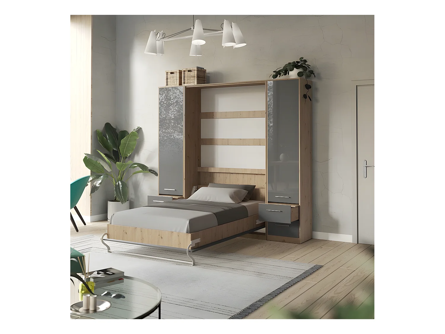 Lit escamotable +2 Placards Vertical 90x200+(50x2)cm Lit Rabattable Lit Mural Standard Chêne Sauvage/Anthracite brillant