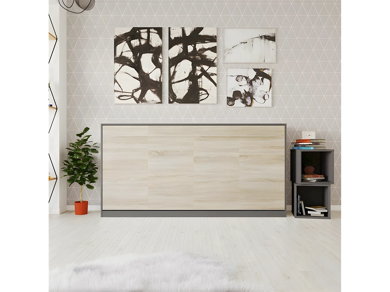 Armoire Lit escamotable 90x200cm Supérieur Horizontal Lit Rabattable Lit Mural Anthracite/Chêne Sonoma