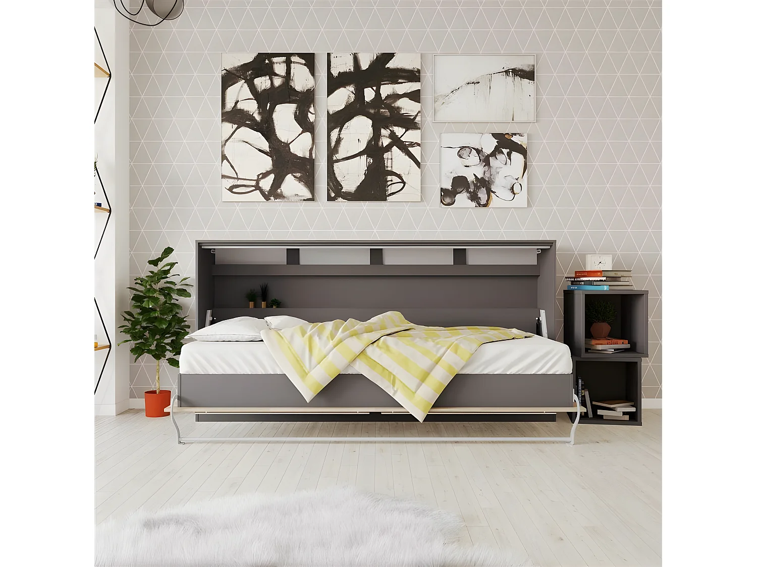 Armoire Lit escamotable 90x200cm Supérieur Horizontal Lit Rabattable Lit Mural Anthracite/Chêne Sonoma