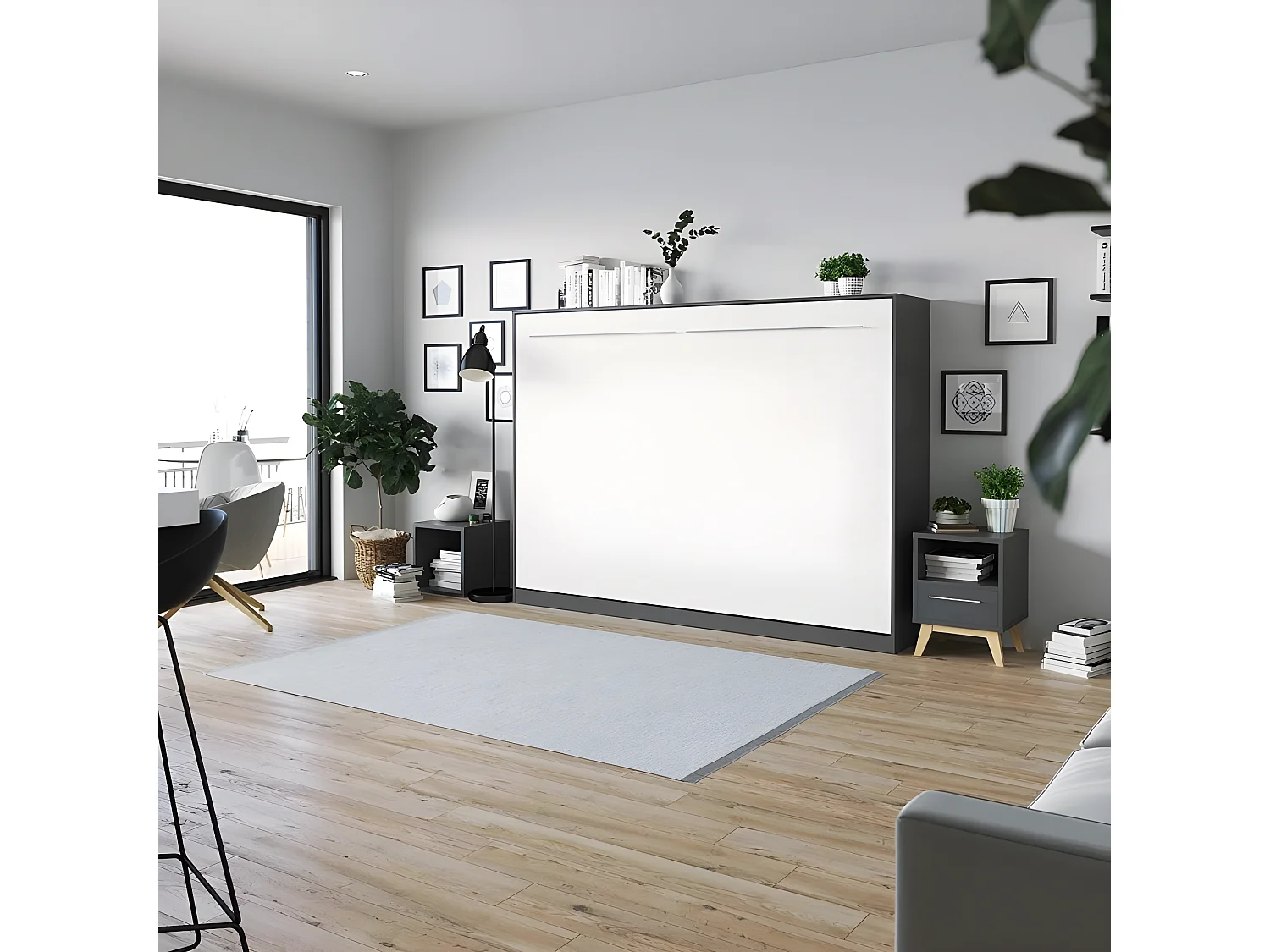 Armoire Lit escamotable 140x200cm Supérieur Horizontal Lit Rabattable Lit Mural Anthracite/Blanc