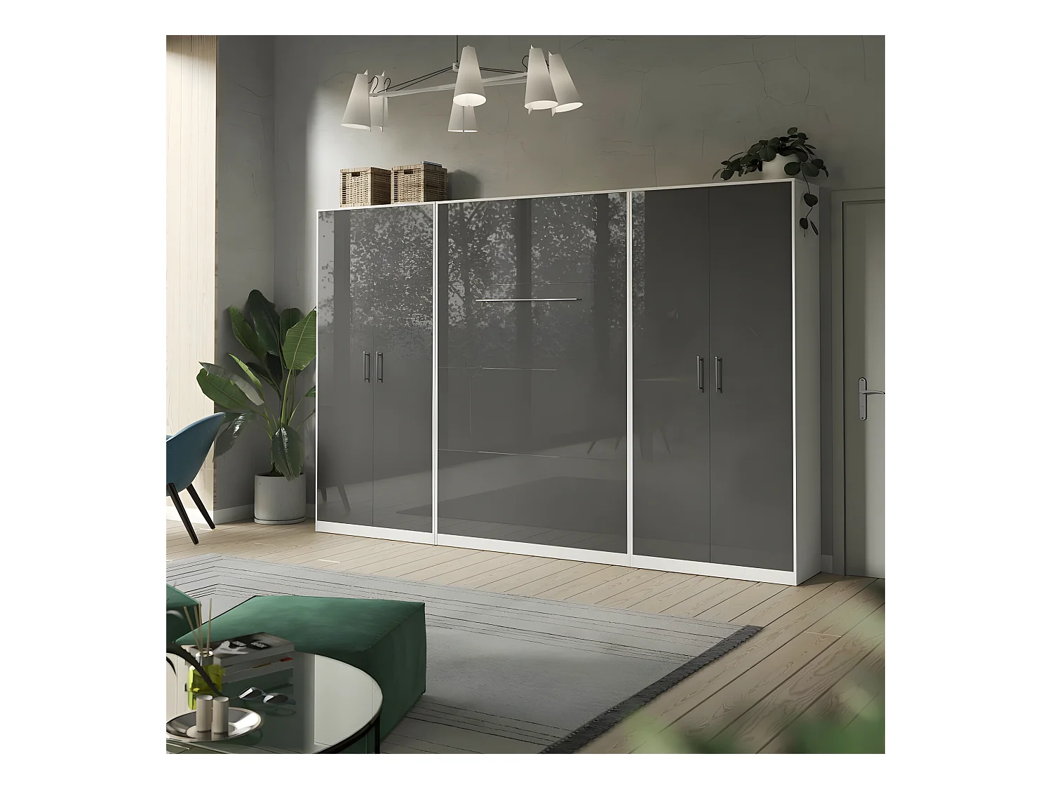 Lit escamotable +2 Placards Vertical 90x200+(100x2)cm Lit Rabattable Lit Mural Standard Blanc/Anthracite Brillant