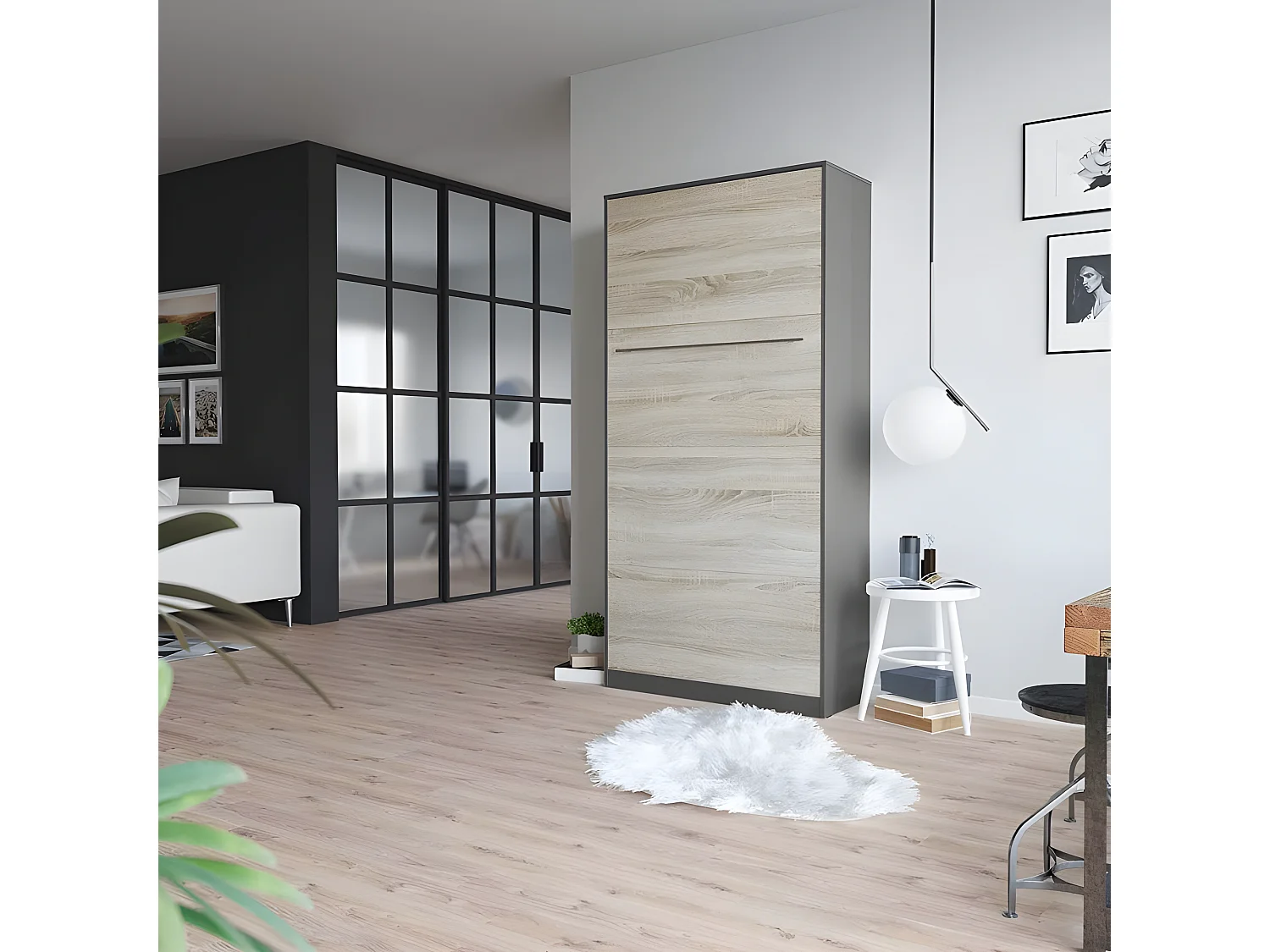 Armoire Lit escamotable 90x200cm Vertical Lit Rabattable Lit Mural Supérieur Anthracite/Chêne Sonoma