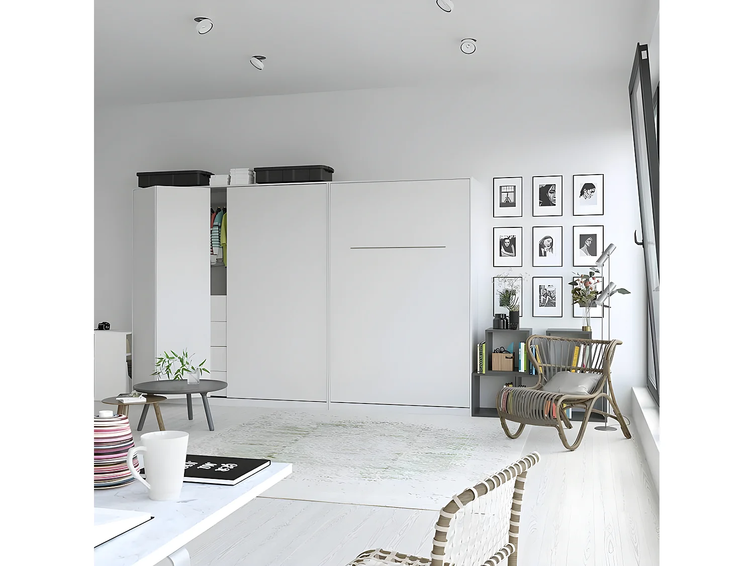 Armoire Lit escamotable 120x200cm Vertical Lit Rabattable Lit Mural Supérieur Blanc/blanc