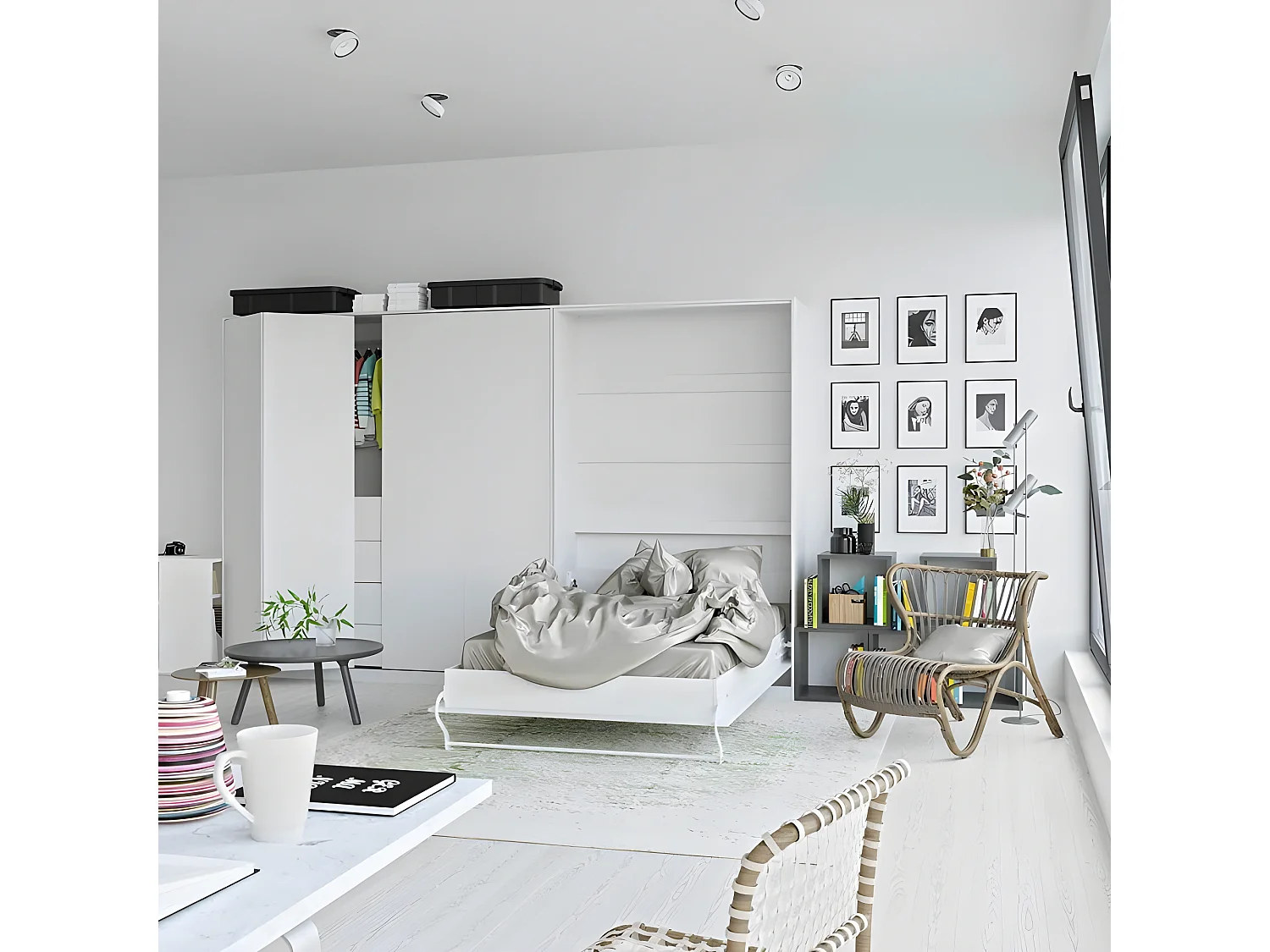 Armoire Lit escamotable 120x200cm Vertical Lit Rabattable Lit Mural Supérieur Blanc/blanc