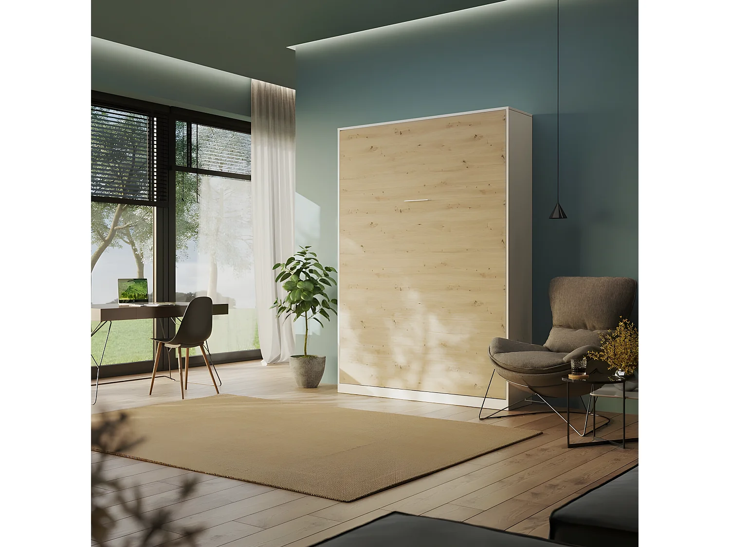 Armoire Lit escamotable 140x200cm Blanc/Chêne Sauvage Vertical Lit Rabattable Lit Mural C*Adore