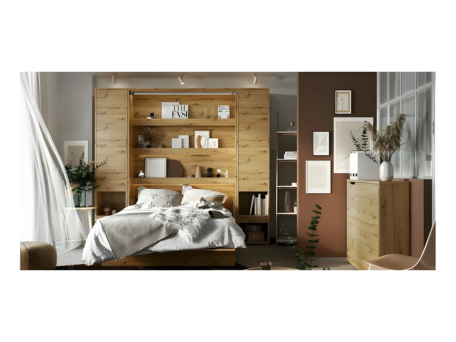 Lenart Armoire Lit escamotable +2 Placards tiroir Vertical 140x200 cm Chêne artisan Lit Rabattable Lit Mural"Consus"
