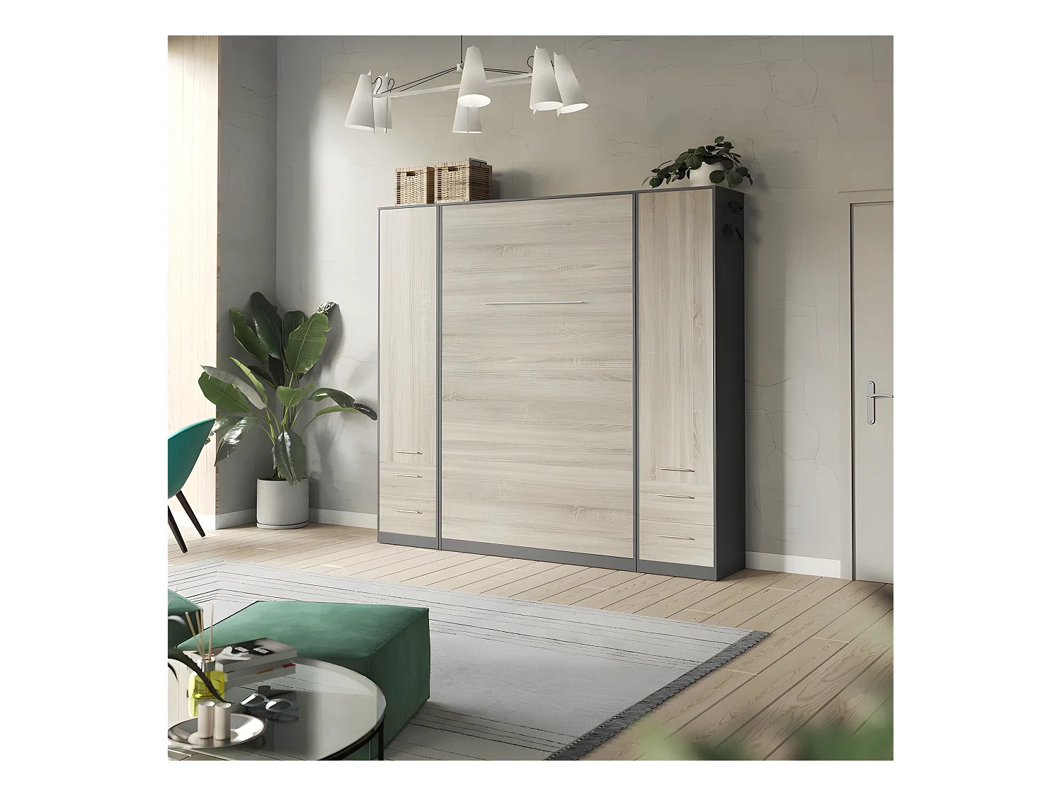 Lit escamotable +2 Placards Vertical 140x200+(50x2)cm Lit Rabattable Lit Mural Standard Anthracite/Chêne Sonoma