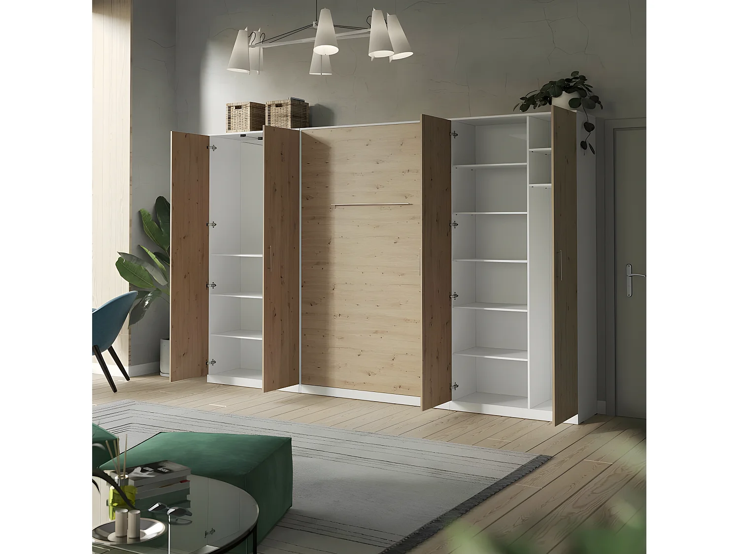 Lit escamotable +2 Placards Vertical 140x200+(80x2)cm Lit Rabattable Lit Mural Standard Blanc/Chêne Sauvage