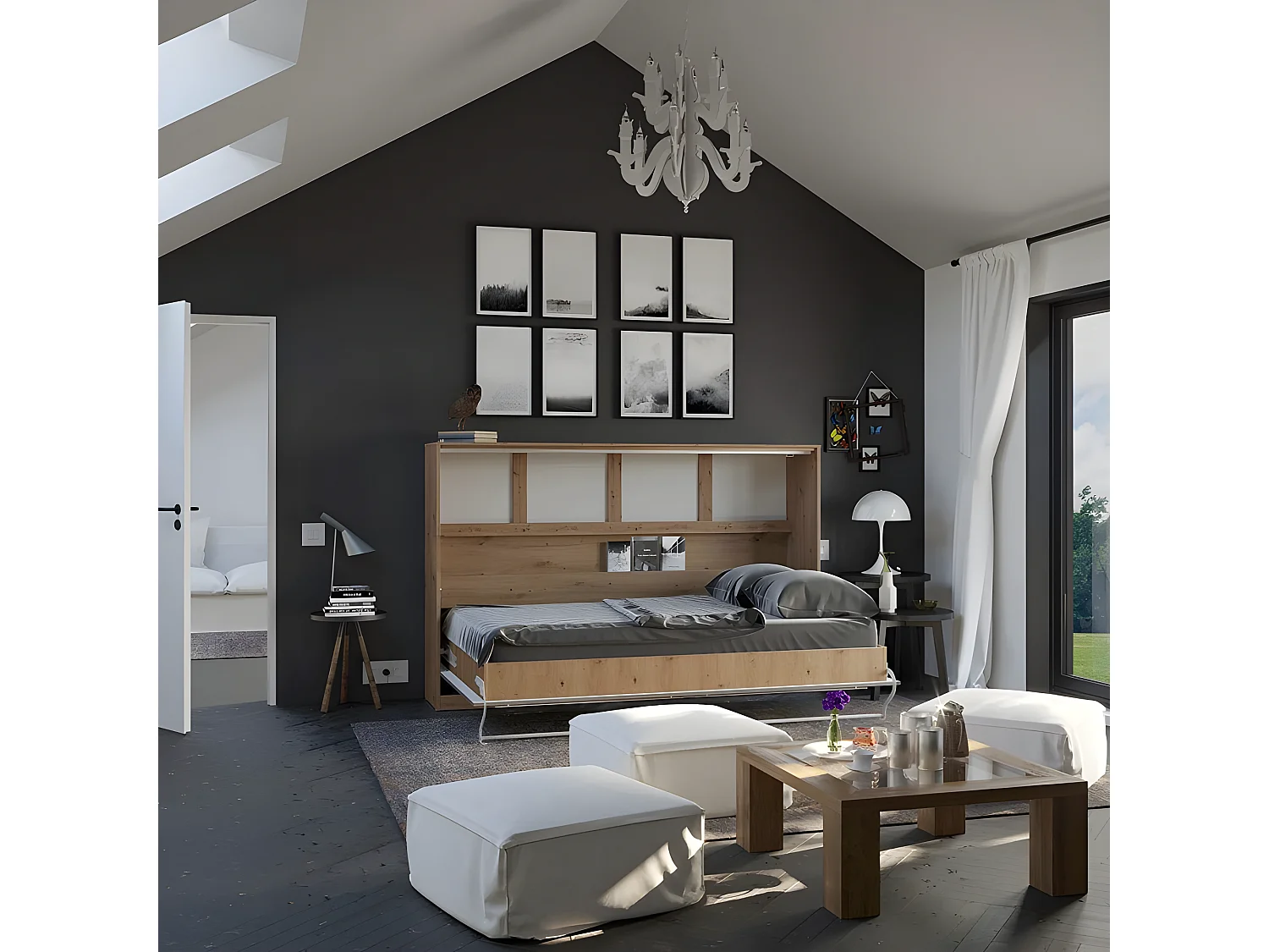 Armoire Lit escamotable 120x200cm Supérieur Horizontal Lit Rabattable Lit Mural Chêne Sauvage/Anthracite brillant