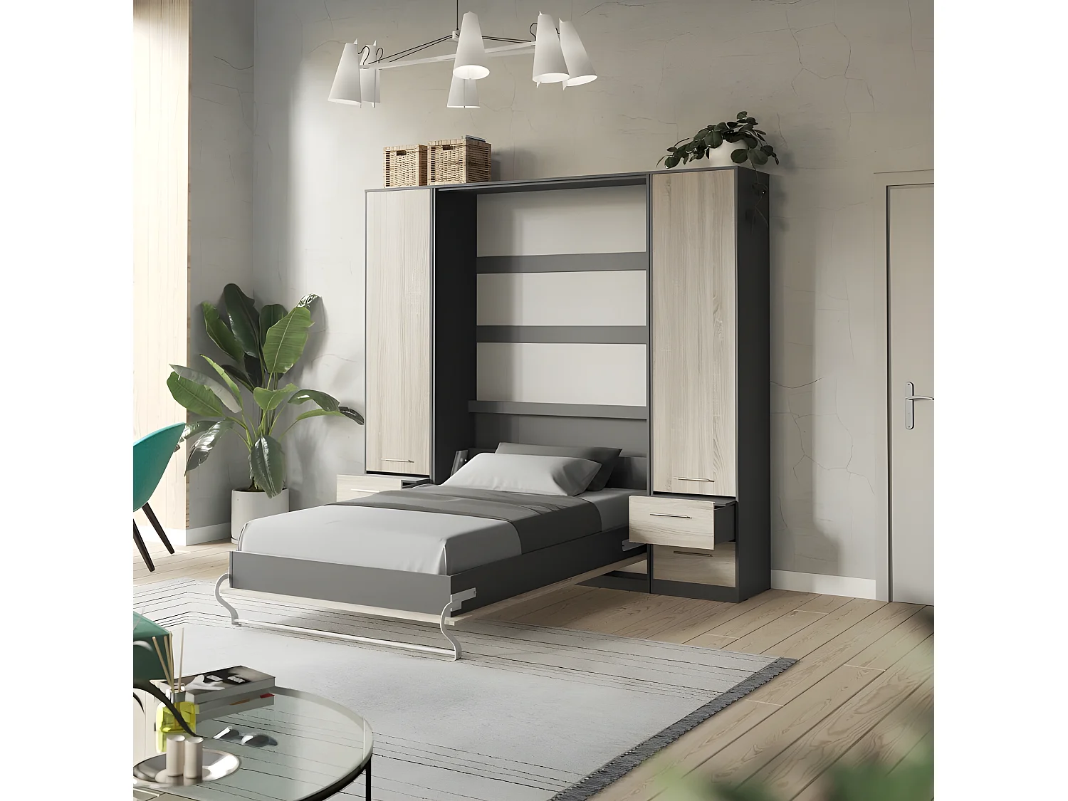 Lit escamotable +2 Placards Vertical 90x200+(50x2)cm Lit Rabattable Lit Mural Standard Anthracite/Chêne Sonoma