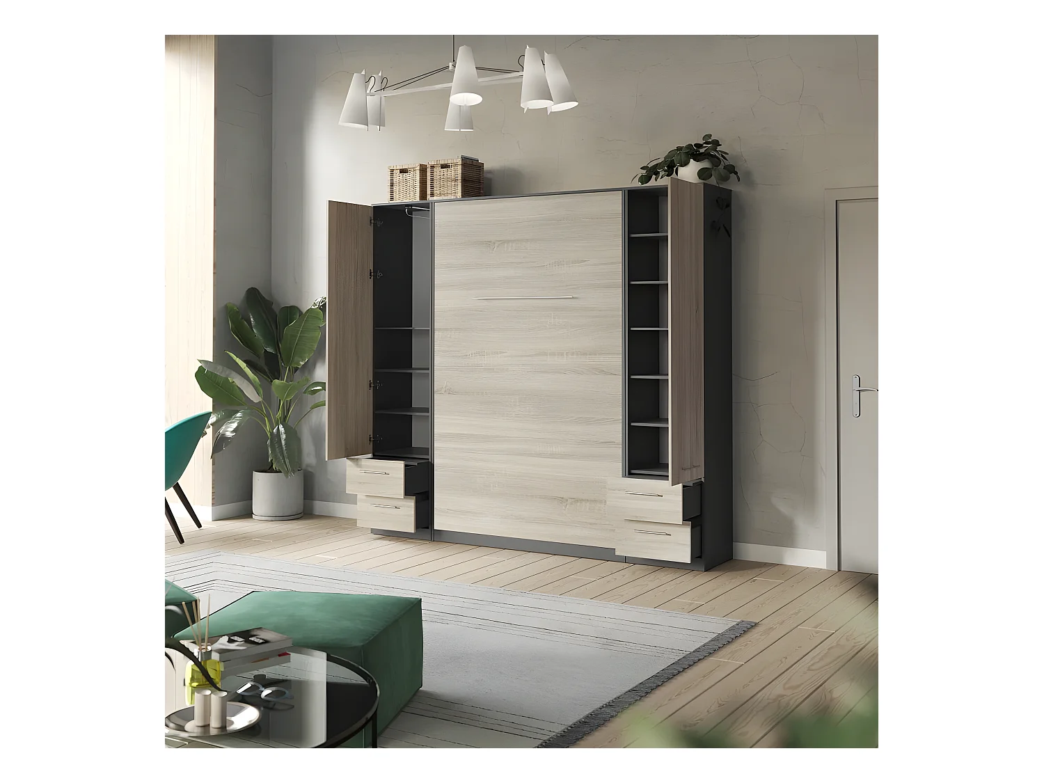 Lit escamotable +2 Placards Vertical 90x200+(50x2)cm Lit Rabattable Lit Mural Standard Anthracite/Chêne Sonoma