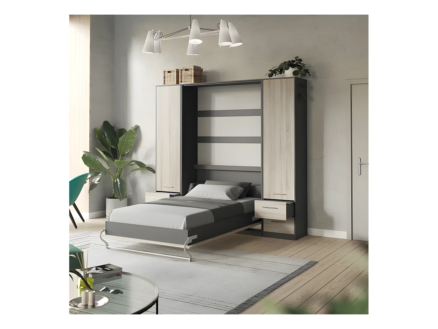 Lit escamotable +2 Placards Vertical 90x200+(50x2)cm Lit Rabattable Lit Mural Standard Anthracite/Chêne Sonoma