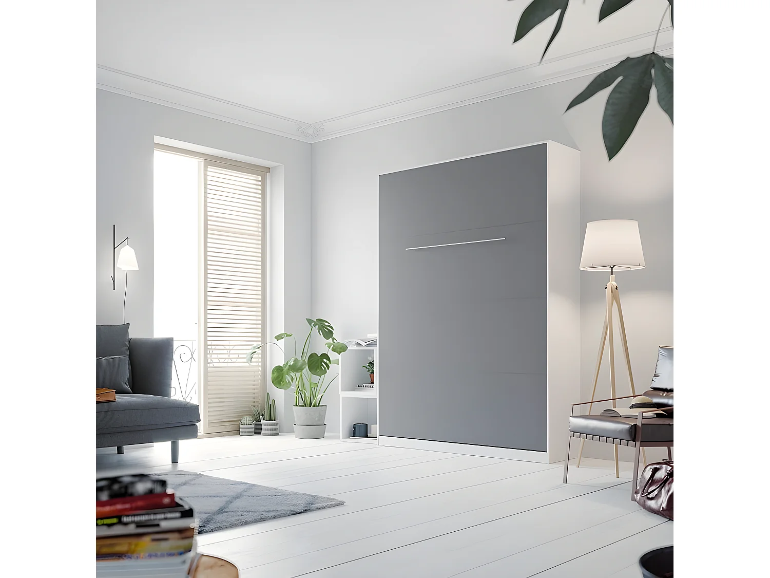Armoire Lit escamotable 140x200cm Lit Rabattable Lit Mural Supérieur Vertical Blanc/Anthracite