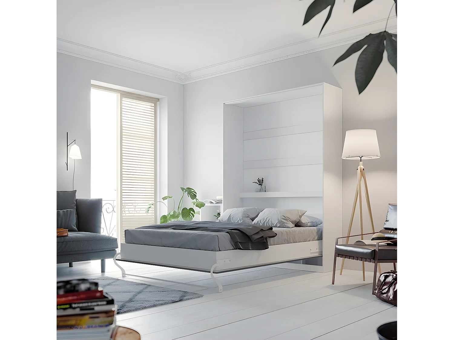 Armoire Lit escamotable 140x200cm Lit Rabattable Lit Mural Supérieur Vertical Blanc/Anthracite