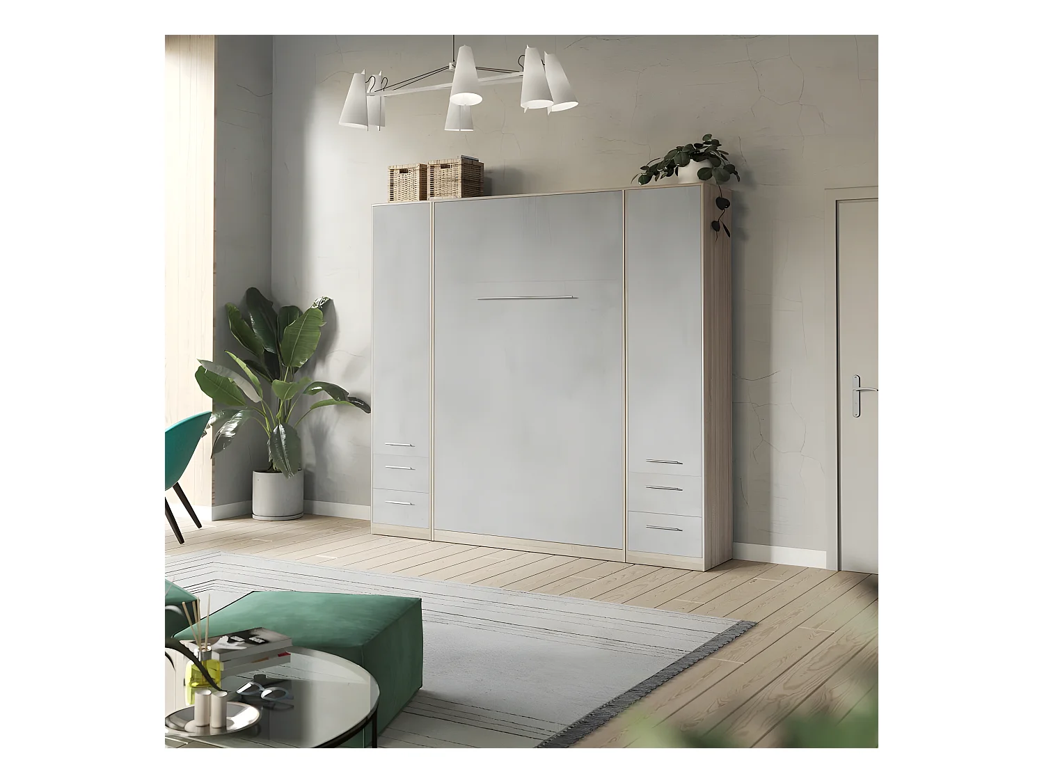 Lit escamotable +2 Placards Vertical 140x200+(50x2)cm Lit Rabattable Lit Mural Standard Chêne Sonoma/Béton