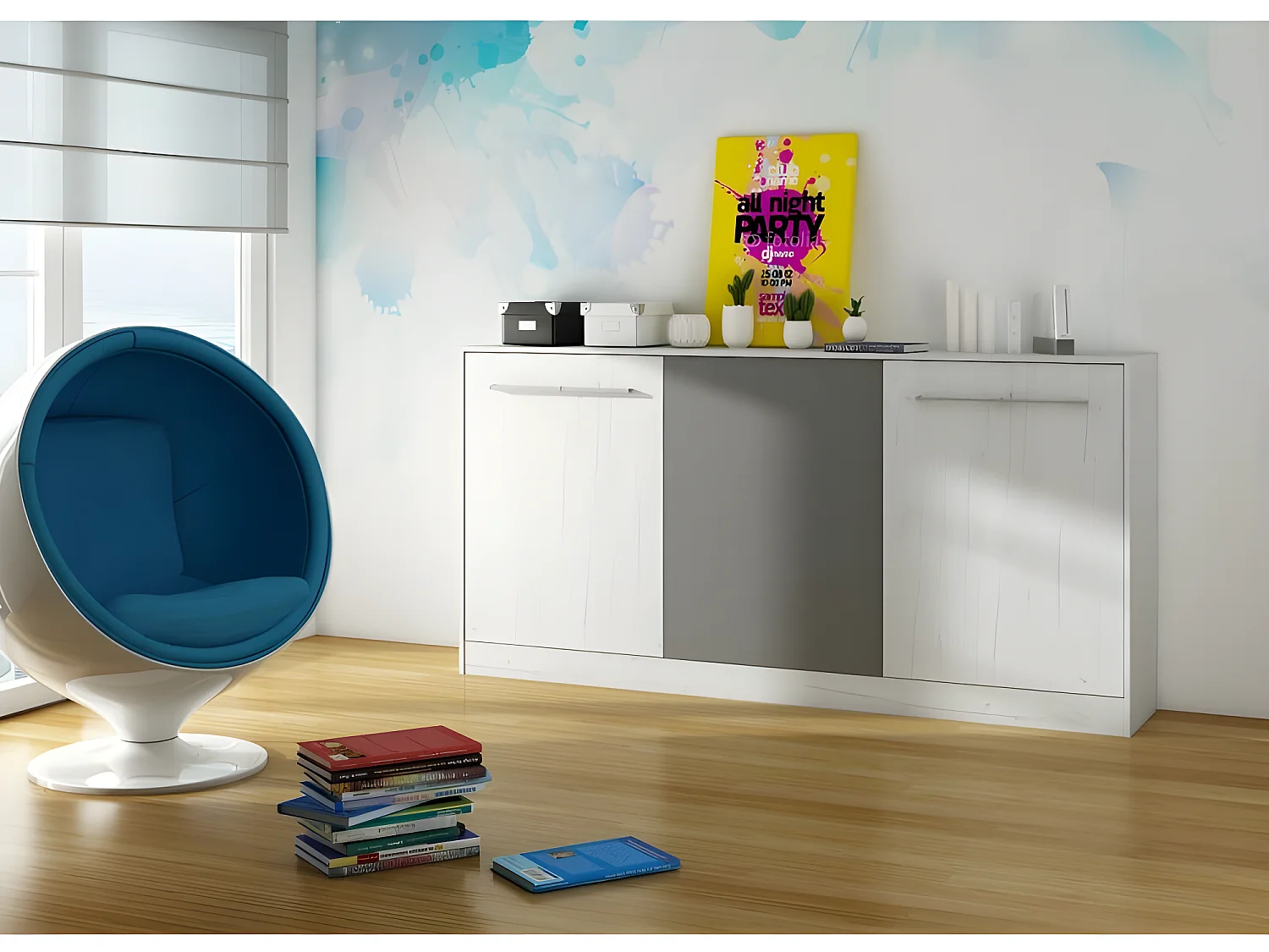 Armoire Lit escamotable Horizontal 90x200 cm Blanc artisan/Graphite Lit Rabattable Lit Mural Roddy