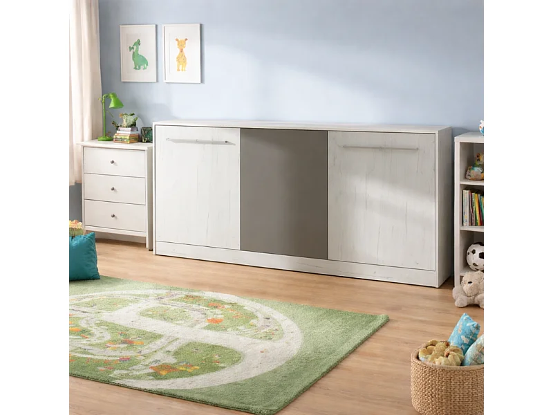 Armoire Lit escamotable Horizontal 90x200 cm Blanc artisan/Graphite Lit Rabattable Lit Mural Roddy