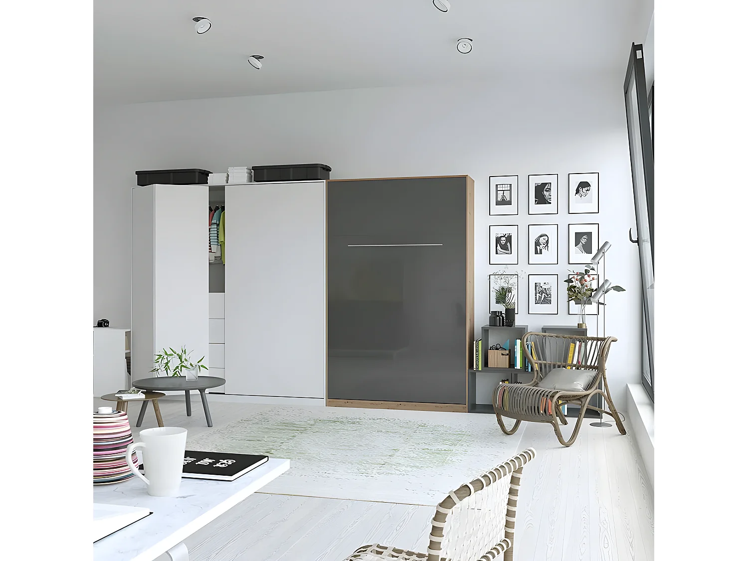 Armoire Lit escamotable 120x200cm Vertical Lit Rabattable Lit Mural Supérieur Chêne Sauvage/Anthracite brillant