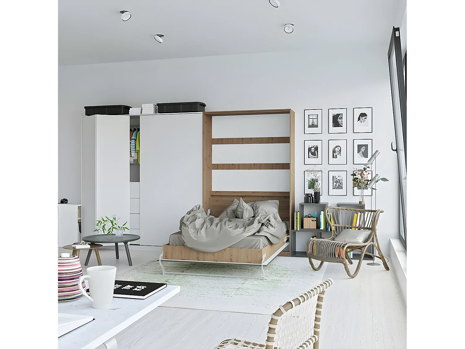 Armoire Lit escamotable 120x200cm Vertical Lit Rabattable Lit Mural Supérieur Chêne Sauvage/Anthracite brillant